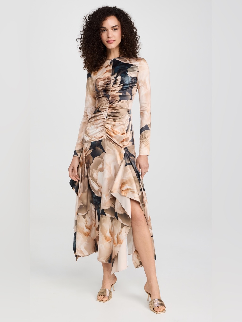 Aknvas Beige and Black Floral High-Low Midi Dress